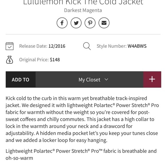 Lululemon Kick The Cold Zip Up High Collar Jacket Deepest Magenta Size 12 - Picture 5 of 17
